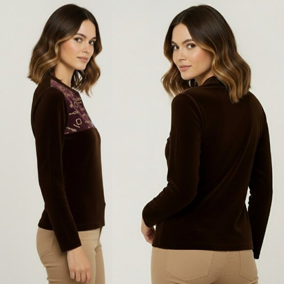 Vintage Brown Velvet Logo Top with Rhinestone Zip Detail, Size M - Picture 9 of 16